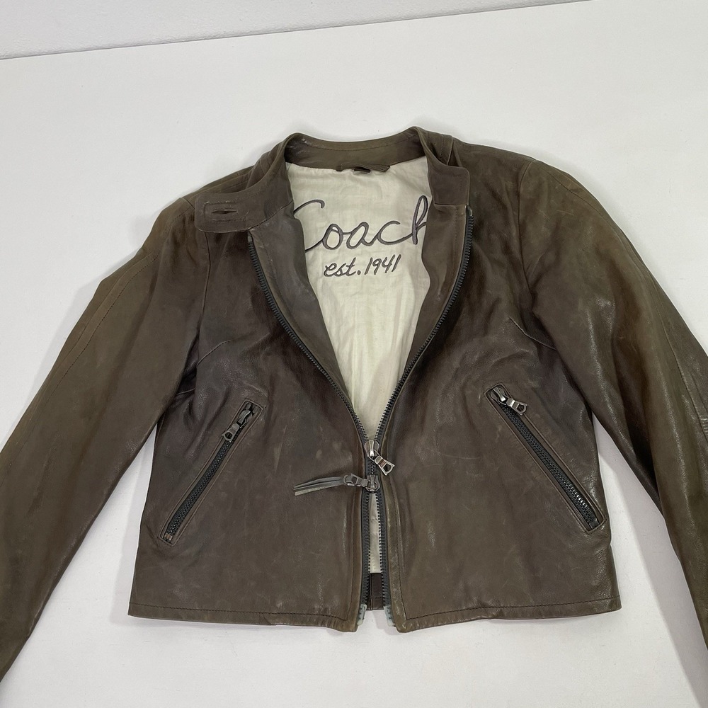 Coach Brown Leather Mid Jacket Womens Size 2 Distressed Zippers Made in Turkey - Picture 9 of 16